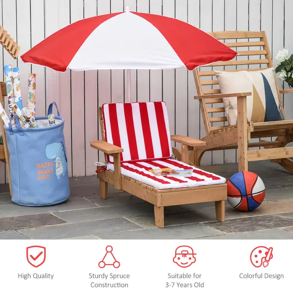 Buy Outsunny Chaise Lounge Chair Wooden for Kids Lightweight with Foldable & Height Adjustable Parasol Cushion Outdoor Patio Beach Pool Camping Ceder Wood, 4 image