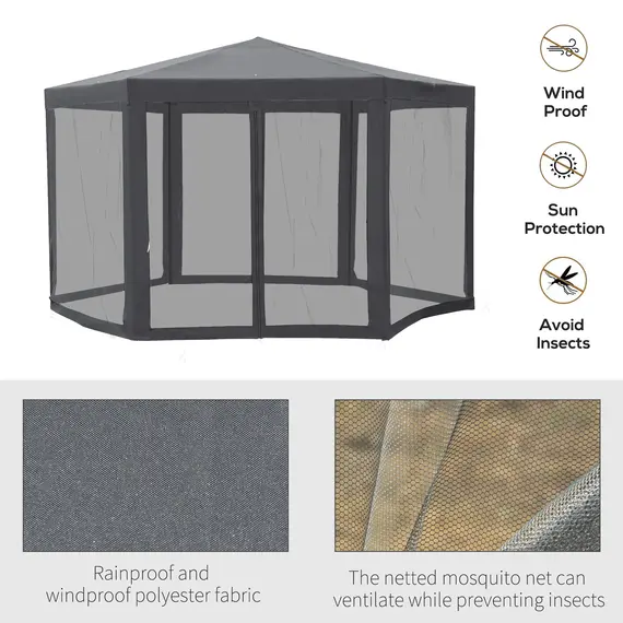 Buy Outsunny Netting Gazebo Hexagon Tent Patio Canopy Outdoor Shelter Party Activities Shade Resistant (Grey), 3 image
