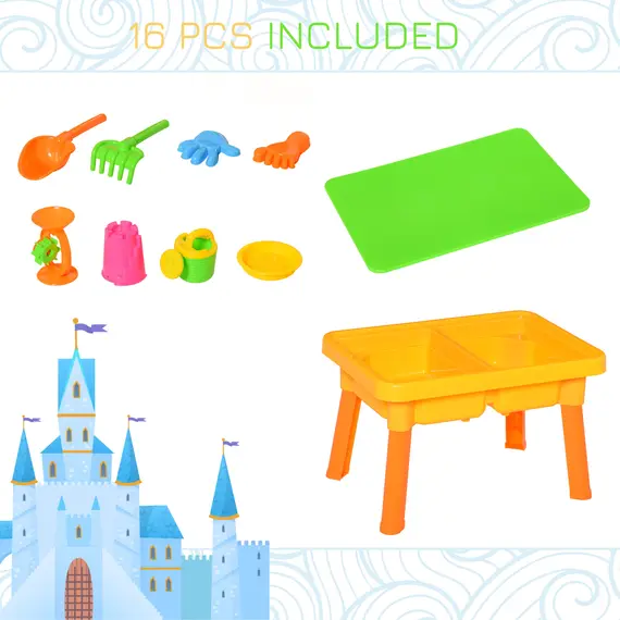 Buy Sand and Water Table Beach Toy Set 2 in 1 Outdoor Activities Playset for Kids with Lid and Accessories Double Compartment Sandpit Sandbox, 6 image