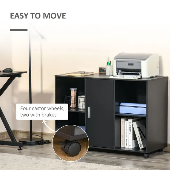 Buy Vinsetto Mobile Office File Cabinet, Lateral Stationery Storage Cabinet, Printer Stand Unit with Wheels, Open Compartment and Cupboard, Black, 4 image
