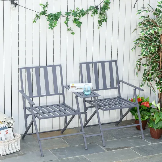 Buy Folding Steel Double Seat Garden Loveseat Bench Patio Chair w/ Table Companion Slatted Garden Patio Outdoor Balcony Furniture Grey