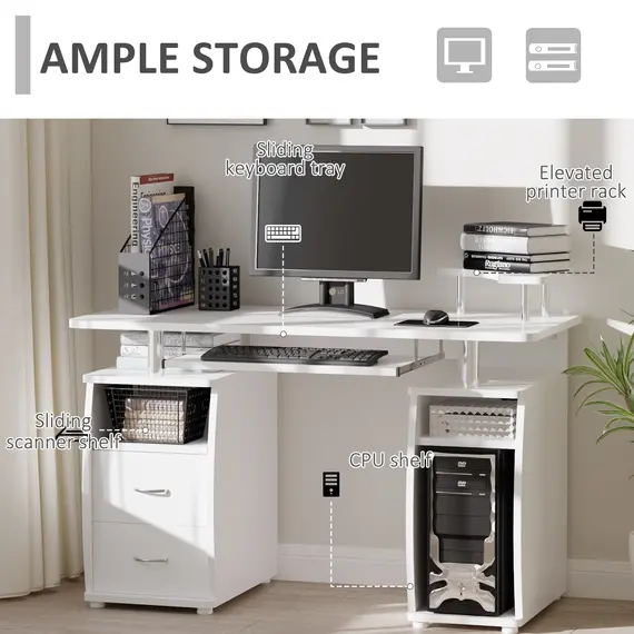 Buy HOMCOM Computer Desk Office PC Table Workstation Gaming Study with Keyboard Tray, CPU Shelf, Wooden, Drawers, Sliding Scanner Shelf, White, 5 image