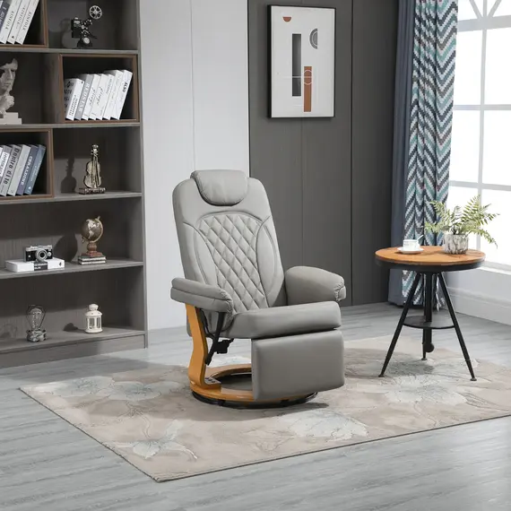 Buy HOMCOM PU Recliner Chair with Footrest, Headrest, Round Wood Base, Lounge Reading Armchair for Living Room, Bedroom, Office, Grey