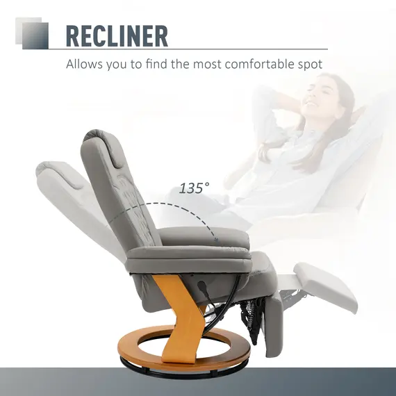 Buy HOMCOM PU Recliner Chair with Footrest, Headrest, Round Wood Base, Lounge Reading Armchair for Living Room, Bedroom, Office, Grey, 3 image