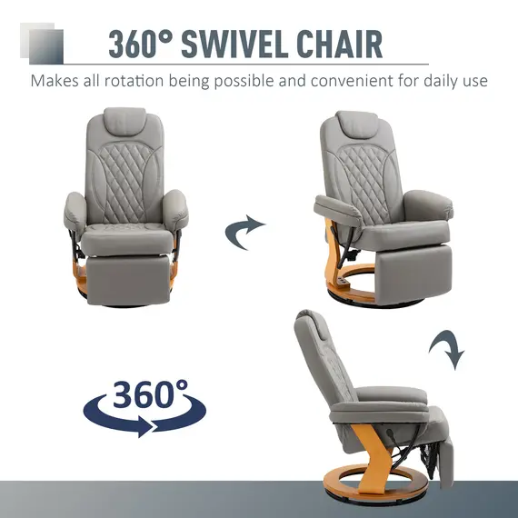 Buy HOMCOM PU Recliner Chair with Footrest, Headrest, Round Wood Base, Lounge Reading Armchair for Living Room, Bedroom, Office, Grey, 5 image
