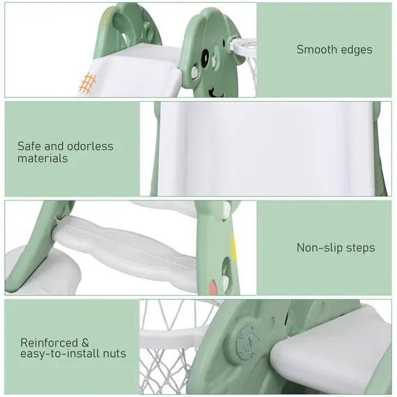 Buy Kids Slide with Basketball Hoop Toddler Climber Freestanding Slider Playset Playground Slipping Slide for 2-6 Years Old Green, 5 image