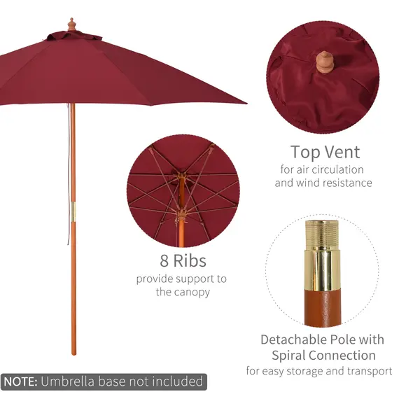 Buy Outsunny 2.5m Wood Garden Parasol Sun Shade Patio Outdoor Market Umbrella Canopy with Top Vent, Wine Red, 4 image