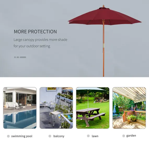 Buy Outsunny 2.5m Wood Garden Parasol Sun Shade Patio Outdoor Market Umbrella Canopy with Top Vent, Wine Red, 5 image