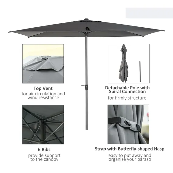 Buy Outsunny 3 x 2m Garden Parasol Patio Sun Umbrella Canopy Rectangular Sun Shade Aluminium Crank Tilt Mechanism, Dark Grey, 5 image