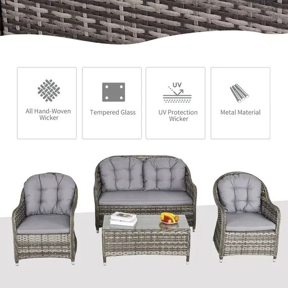 Buy Outsunny 4-Seater PE Rattan Wicker Sofa Set Outdoor Conservatory Furniture Lawn Patio Coffee Table w/ Cushion - Grey, 3 image