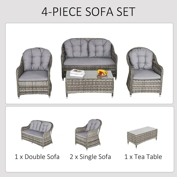 Buy Outsunny 4-Seater PE Rattan Wicker Sofa Set Outdoor Conservatory Furniture Lawn Patio Coffee Table w/ Cushion - Grey, 4 image