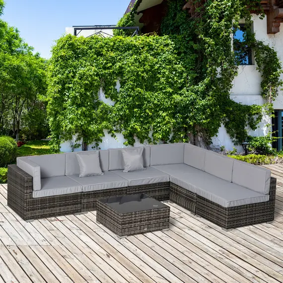 Buy Outsunny 7 PC Garden Rattan Furniture Set Patio Outdoor Sectional Wicker Weave Sofa Seat Coffee Table w/ Cushion and Pillow Buckle Structure