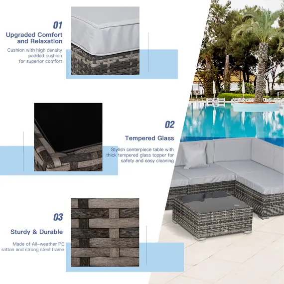 Buy Outsunny 7 PC Garden Rattan Furniture Set Patio Outdoor Sectional Wicker Weave Sofa Seat Coffee Table w/ Cushion and Pillow Buckle Structure, 3 image