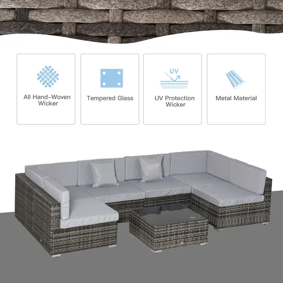 Buy Outsunny 7 PC Garden Rattan Furniture Set Patio Outdoor Sectional Wicker Weave Sofa Seat Coffee Table w/ Cushion and Pillow Buckle Structure, 4 image