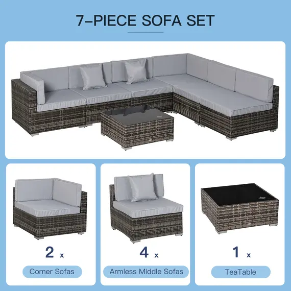 Buy Outsunny 7 PC Garden Rattan Furniture Set Patio Outdoor Sectional Wicker Weave Sofa Seat Coffee Table w/ Cushion and Pillow Buckle Structure, 6 image