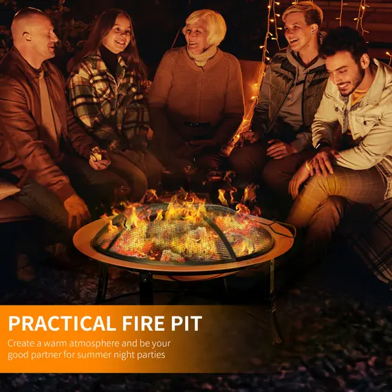 Buy Outsunny Metal Large Firepit Bowl Outdoor Round Fire Pit w/ Lid, Log Grate, Poker for Backyard, Camping, Picnic, Bonfire, 76 x 76 x 49.5cm, Bronze, 3 image