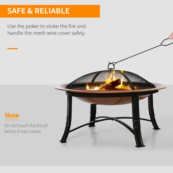 Buy Outsunny Metal Large Firepit Bowl Outdoor Round Fire Pit w/ Lid, Log Grate, Poker for Backyard, Camping, Picnic, Bonfire, 76 x 76 x 49.5cm, Bronze, 4 image
