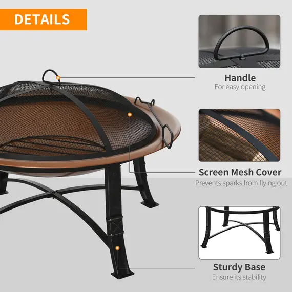 Buy Outsunny Metal Large Firepit Bowl Outdoor Round Fire Pit w/ Lid, Log Grate, Poker for Backyard, Camping, Picnic, Bonfire, 76 x 76 x 49.5cm, Bronze, 5 image