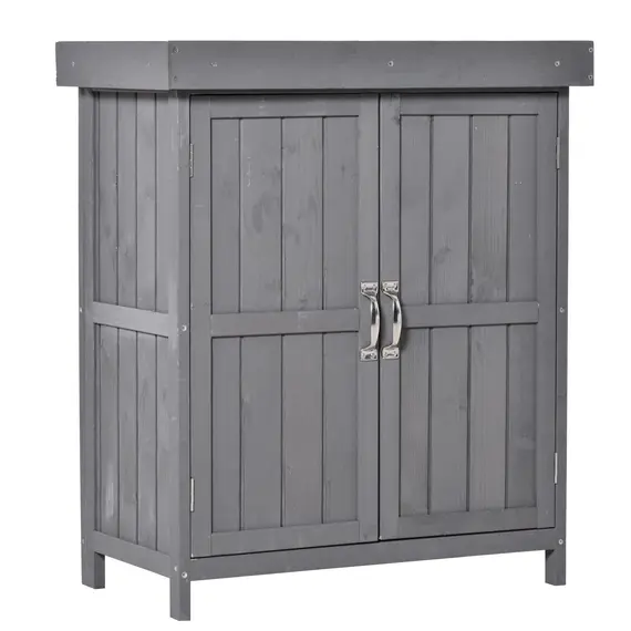 Buy Wooden Garden Storage Shed with Hinged Roof and Shelves, Outdoor Storage Cabinet Chest, Double Doors, 74 x 43 x 88cm, Grey