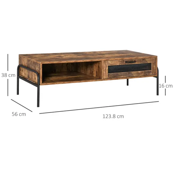 Buy HOMCOM Industrial Coffee Table with Drawer and Open Storage Compartment, Metal Legs, for Living Room, Rustic Brown, 2 image