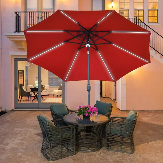 Buy Outsunny 2.7m Garden Parasol Sun Umbrella Patio Summer Shelter w/ LED Solar Light, Angled Canopy, Vent, Crank Tilt, Red