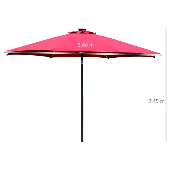 Buy Outsunny 2.7m Garden Parasol Sun Umbrella Patio Summer Shelter w/ LED Solar Light, Angled Canopy, Vent, Crank Tilt, Red, 2 image