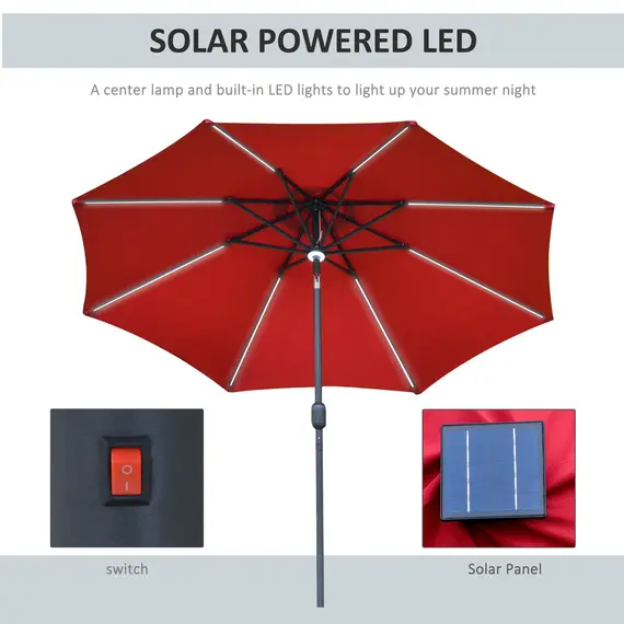 Buy Outsunny 2.7m Garden Parasol Sun Umbrella Patio Summer Shelter w/ LED Solar Light, Angled Canopy, Vent, Crank Tilt, Red, 3 image