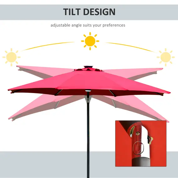 Buy Outsunny 2.7m Garden Parasol Sun Umbrella Patio Summer Shelter w/ LED Solar Light, Angled Canopy, Vent, Crank Tilt, Red, 4 image
