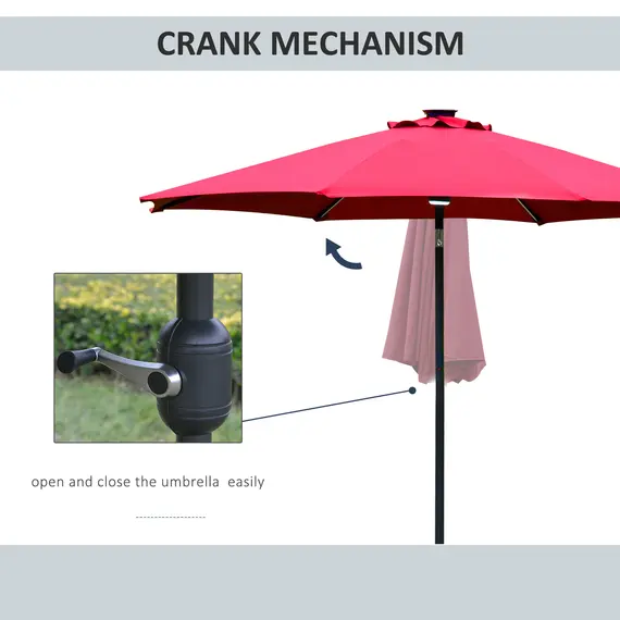 Buy Outsunny 2.7m Garden Parasol Sun Umbrella Patio Summer Shelter w/ LED Solar Light, Angled Canopy, Vent, Crank Tilt, Red, 5 image