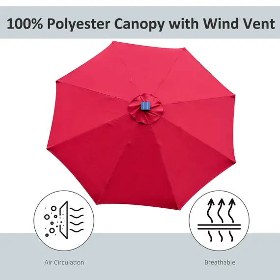 Buy Outsunny 2.7m Garden Parasol Sun Umbrella Patio Summer Shelter w/ LED Solar Light, Angled Canopy, Vent, Crank Tilt, Red, 6 image
