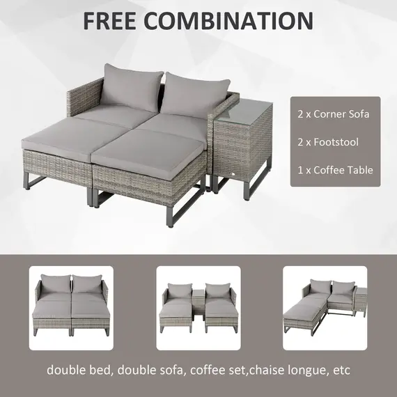 Buy Outsunny 2 Seater Patio Rattan Wicker Sofa Set Chaise Lounge Double Sofa Bed Furniture w/ Coffee Table & Footstool for Patios, Garden, Backyard, Grey, 4 image