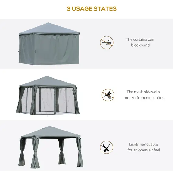Buy Outsunny 3(m) Garden Gazebo Canopy Party Tent Garden Pavilion Patio Shelter Aluminum Frame with Curtains, Netting Sidewalls, Grey, 5 image