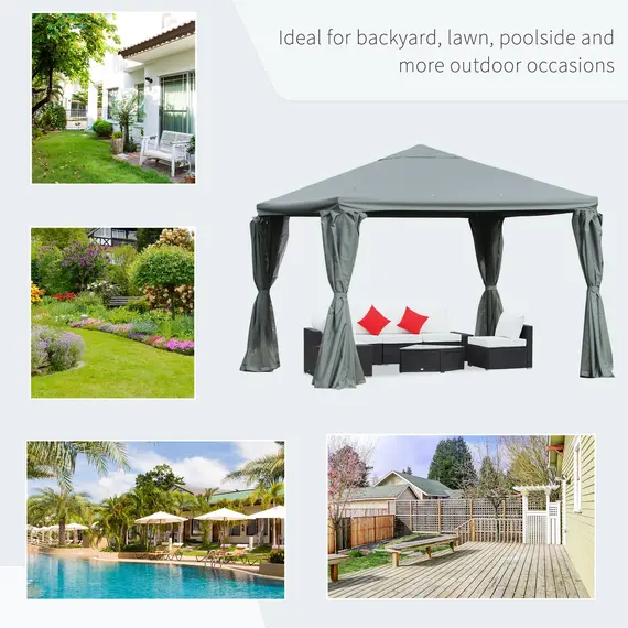 Buy Outsunny 3(m) Garden Gazebo Canopy Party Tent Garden Pavilion Patio Shelter Aluminum Frame with Curtains, Netting Sidewalls, Grey, 6 image
