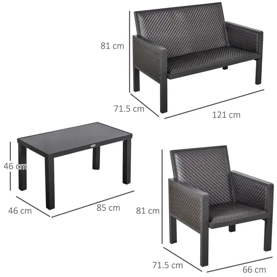 Buy Outsunny 4-Seater Aluminum PE Rattan Wicker Sofa Set Outdoor Conservatory Furniture Lawn Patio Coffee Table, Deep Grey, 2 image
