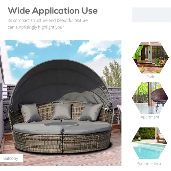 Buy Outsunny 6-Seater Rattan Round Sofa Bed Garden Cushioned Wicker Furniture with Coffee Table Patio Conversation Furniture Set - Deep Grey, 3 image