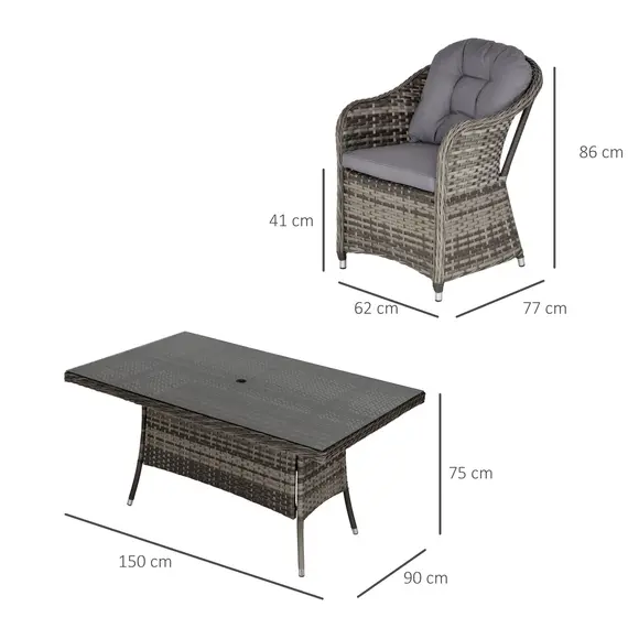 Buy Outsunny 7 PCs Outdoor Patio PE Rattan Wicker Dining Set Furniture, w/ Tempered Glass Table Top & Umbrella Hole, Cushioned Grey, 3 image