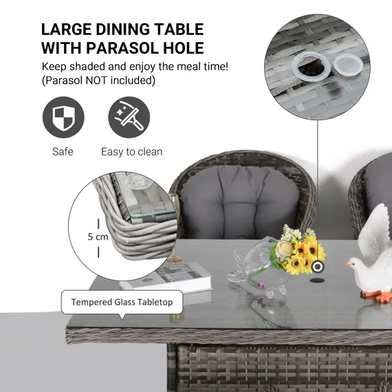 Buy Outsunny 7 PCs Outdoor Patio PE Rattan Wicker Dining Set Furniture, w/ Tempered Glass Table Top & Umbrella Hole, Cushioned Grey, 4 image