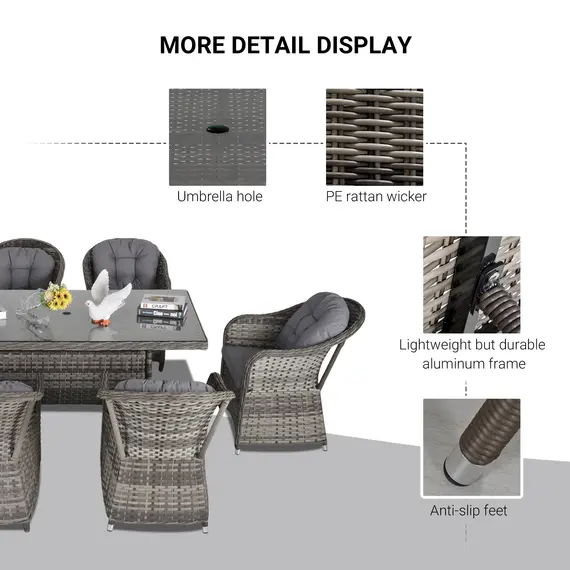 Buy Outsunny 7 PCs Outdoor Patio PE Rattan Wicker Dining Set Furniture, w/ Tempered Glass Table Top & Umbrella Hole, Cushioned Grey, 6 image