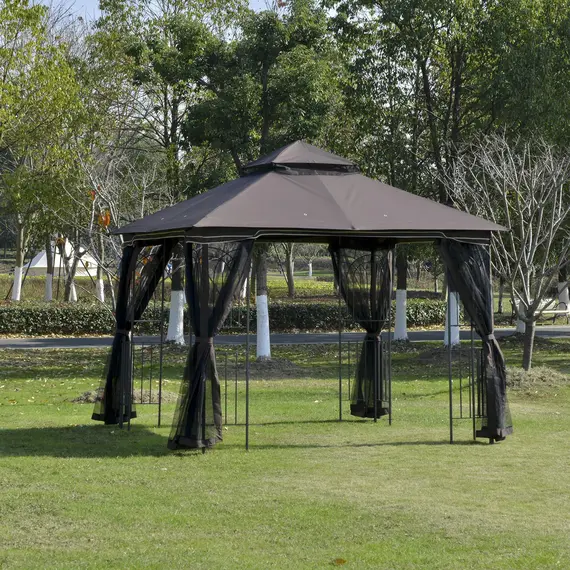 Buy Outsunny Gazebo Garden Outdoor Canopy Double Tier Roof with Removable Mesh Curtains Display Shelves Top Hooks-Coffee, 3 image