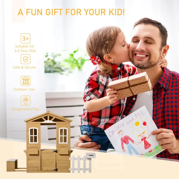 Buy Outsunny Wooden Playhouse for Outdoor with Door Windows Mailbox Flower Pot Holder Serving Station Bench for Kids Children Toddlers Natural, 3 image