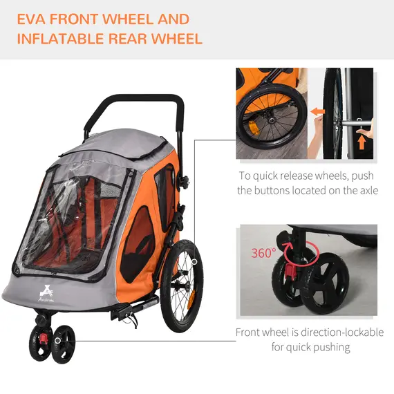 Buy PawHut 2 IN 1 Dog Bicycle Trailer Pet Carrier Stroller 360В° Rotatable Front Wheel Reflectors Parking Brake Straps Cup Holder Water Resistant Orange, 5 image