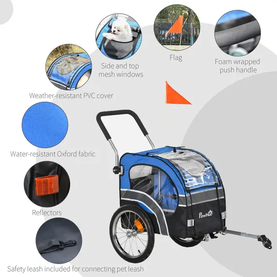 Buy PawHut Dog Bike Trailer 2-in-1 Pet Cart Carrier Stroller Pushchair for Bicycle with 360В° Rotatable Front Wheel Reflectors Weather Resistant Blue, 5 image