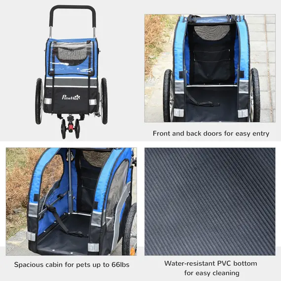 Buy PawHut Dog Bike Trailer 2-in-1 Pet Cart Carrier Stroller Pushchair for Bicycle with 360В° Rotatable Front Wheel Reflectors Weather Resistant Blue, 8 image