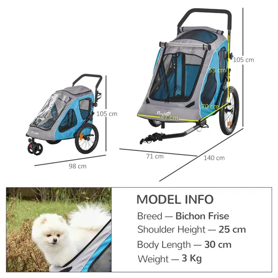 Buy PawHut Dog Bike Trailer 2-IN-1 Steel Pet Cart Carrier for Bicycle with 360В° Rotatable Front Wheel Reflectors Straps Cup Holder Water Resistant Blue, 2 image