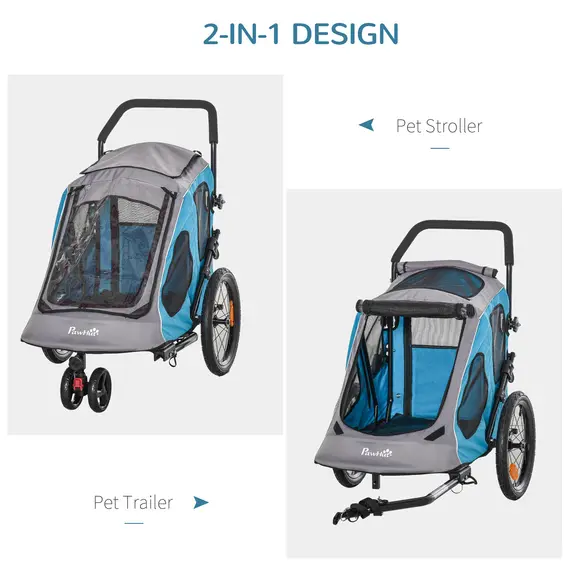 Buy PawHut Dog Bike Trailer 2-IN-1 Steel Pet Cart Carrier for Bicycle with 360В° Rotatable Front Wheel Reflectors Straps Cup Holder Water Resistant Blue, 5 image