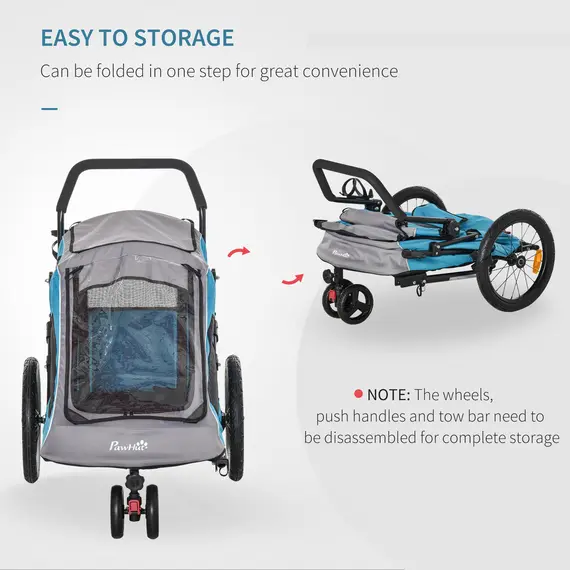 Buy PawHut Dog Bike Trailer 2-IN-1 Steel Pet Cart Carrier for Bicycle with 360В° Rotatable Front Wheel Reflectors Straps Cup Holder Water Resistant Blue, 6 image