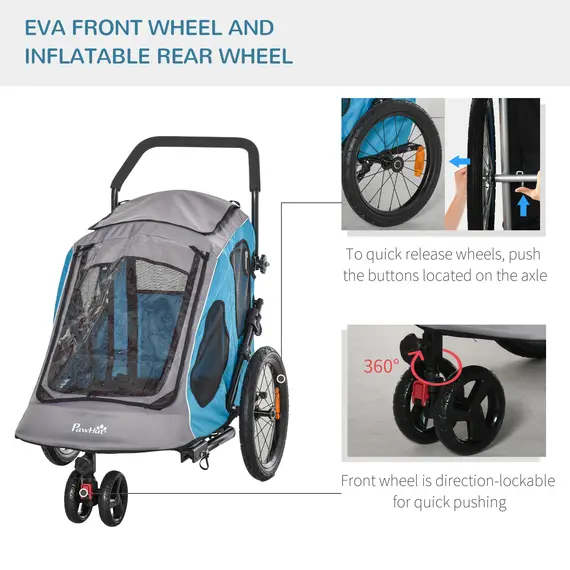 Buy PawHut Dog Bike Trailer 2-IN-1 Steel Pet Cart Carrier for Bicycle with 360В° Rotatable Front Wheel Reflectors Straps Cup Holder Water Resistant Blue, 7 image