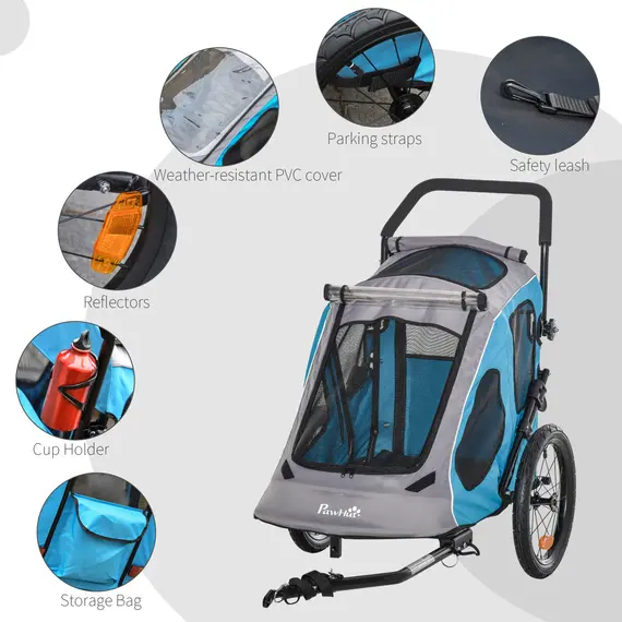 Buy PawHut Dog Bike Trailer 2-IN-1 Steel Pet Cart Carrier for Bicycle with 360В° Rotatable Front Wheel Reflectors Straps Cup Holder Water Resistant Blue, 8 image