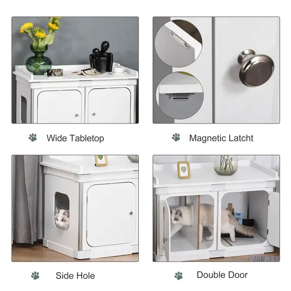 Buy PawHut Wooden Cat Litter Box Washroom Toilet Home Cabinet Decorative Kitty House Nightstand End Table White, 5 image