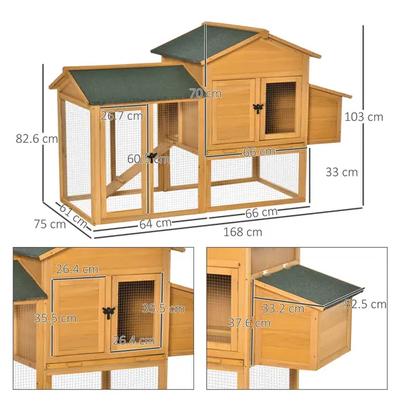Buy Deluxe Chicken Coop 168cm Small Animal Habitat Hen House Outdoor with Run Nesting Box Slide-out Tray Waterproof Asphalt Roof Lockable Door by PawHut, 2 image